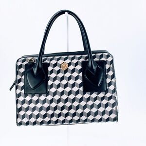 Anne Klein Lion Head Dome Satchel Black White Geometric Print Vegan Handbag